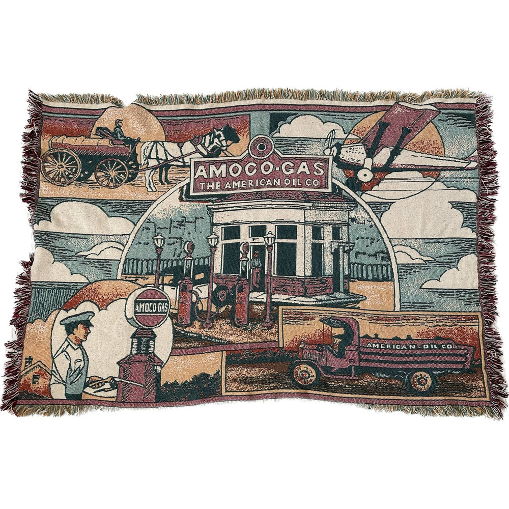 Vintage Amoco Gas Fringe Tapestry Throw Blanket USA 64" x 43" VTG